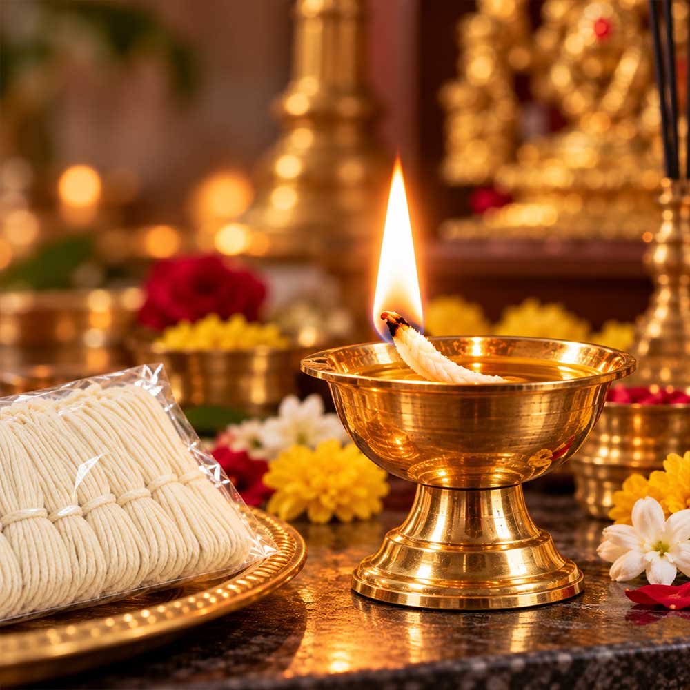 2.5 Inch Cotton Wick Burning in Traditional Brass Diya for Daily Pooja