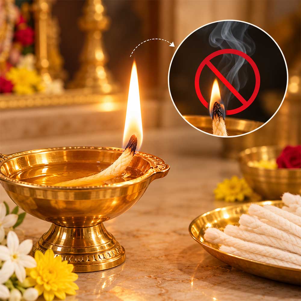 Pure Cotton Diya Batti Burning in Traditional Brass Lamp for Pooja