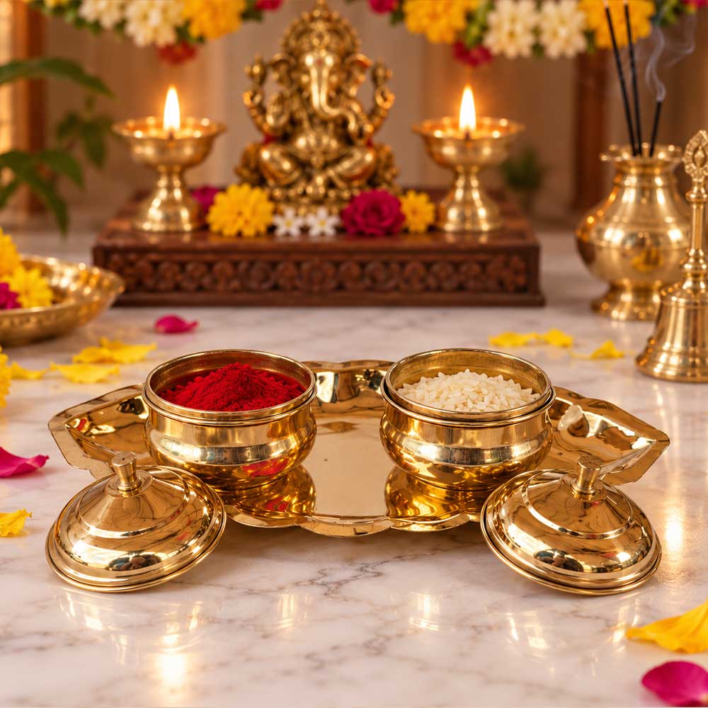 Bhakti Stores Brass Kumkum and Chandan Container Set with Decorative Leaf Tray
