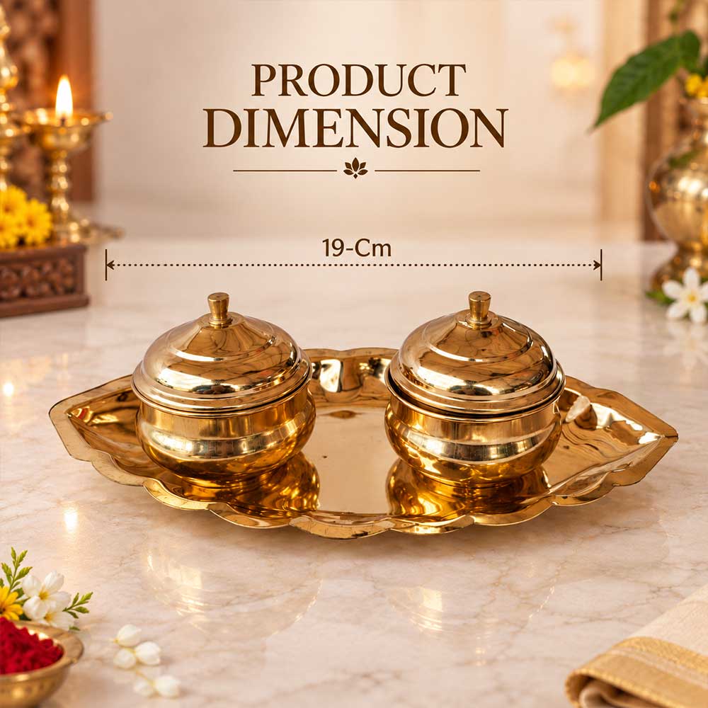 Bhakti Stores Brass Kumkum and Chandan Container Set with Decorative Leaf Tray