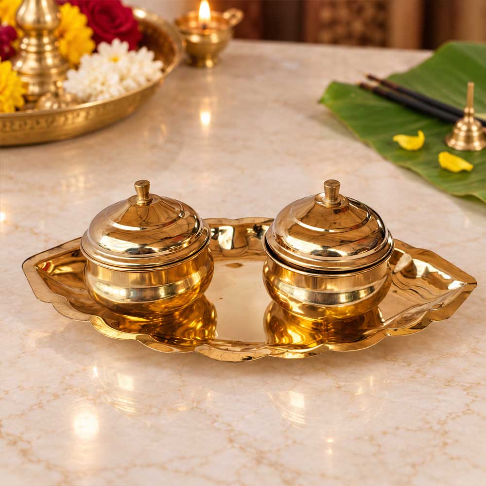 Bhakti Stores Brass Kumkum and Chandan Container Set with Decorative Leaf Tray