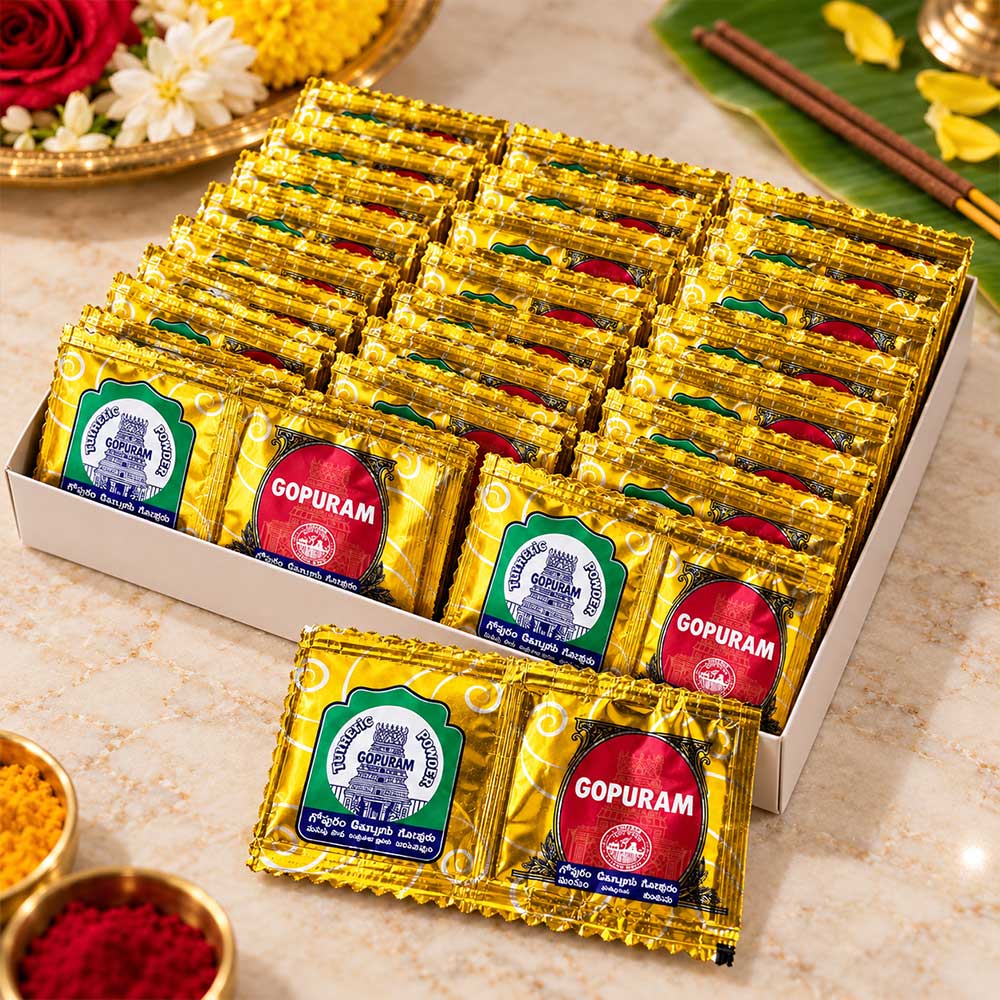 Kumkum and Turmeric Powder gift combi pack with 30 Kumkum and 30 Haldi packs for Thamboolam and return gifts – Bhakti Stores