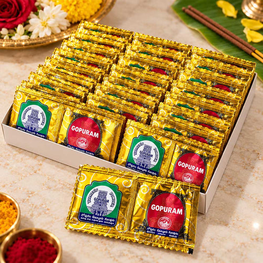 Kumkum and Turmeric Powder gift combi pack with 30 Kumkum and 30 Haldi packs for Thamboolam and return gifts – Bhakti Stores