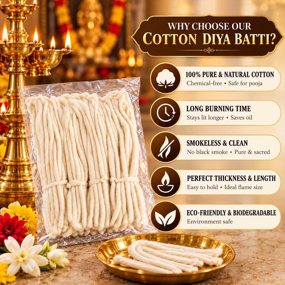 5 Inch Pure Cotton Wick Burning in Traditional Brass Diya for Pooja