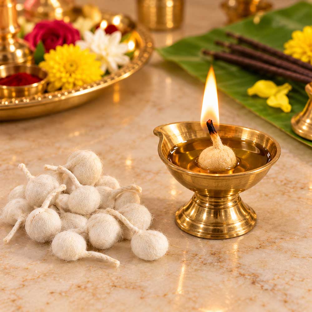 Phool Batti Round Cotton Wick Burning in Traditional Brass Diya
