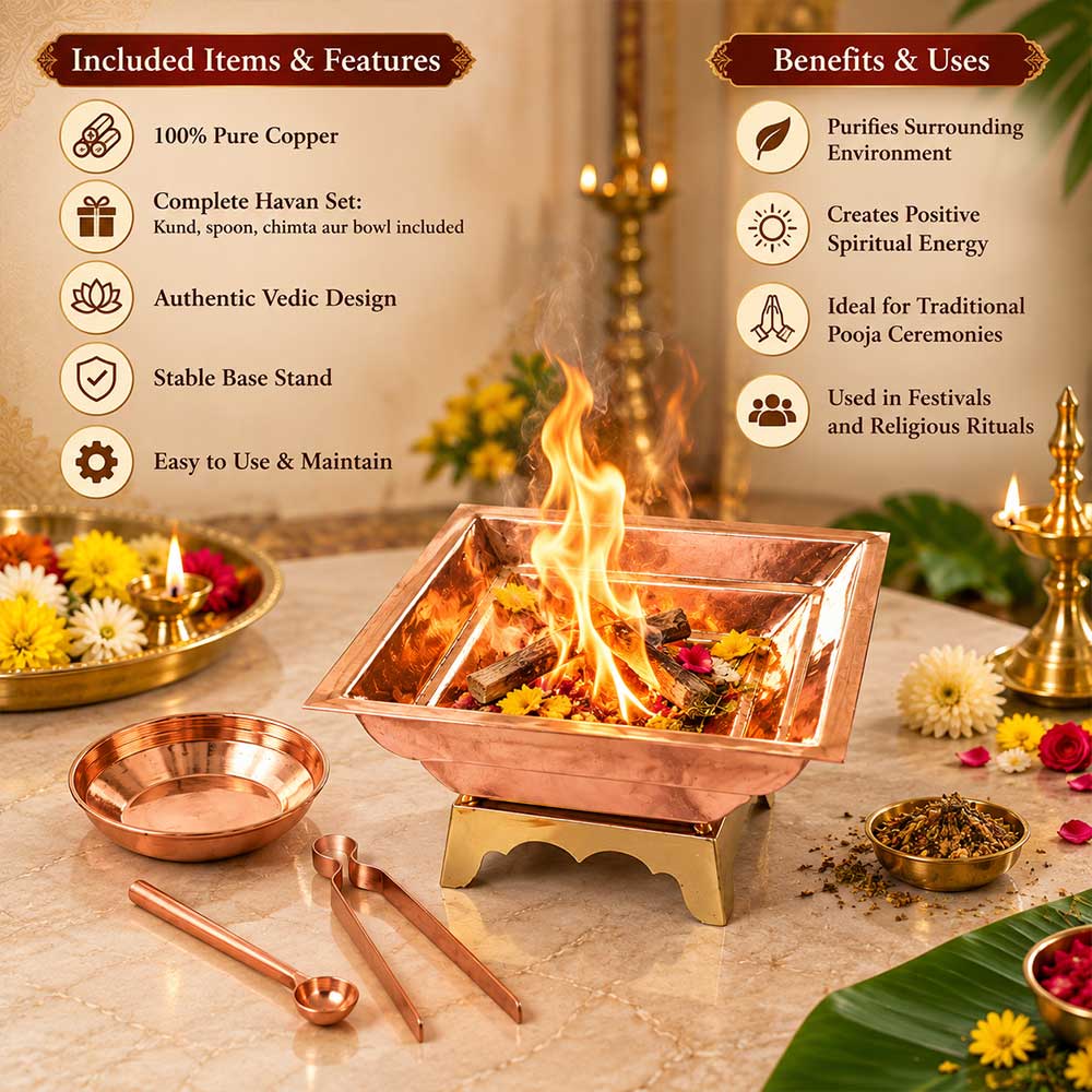 Pure Copper Hawan Kund Set – Complete Agnihotra & Havan Kit for Pooja at Home