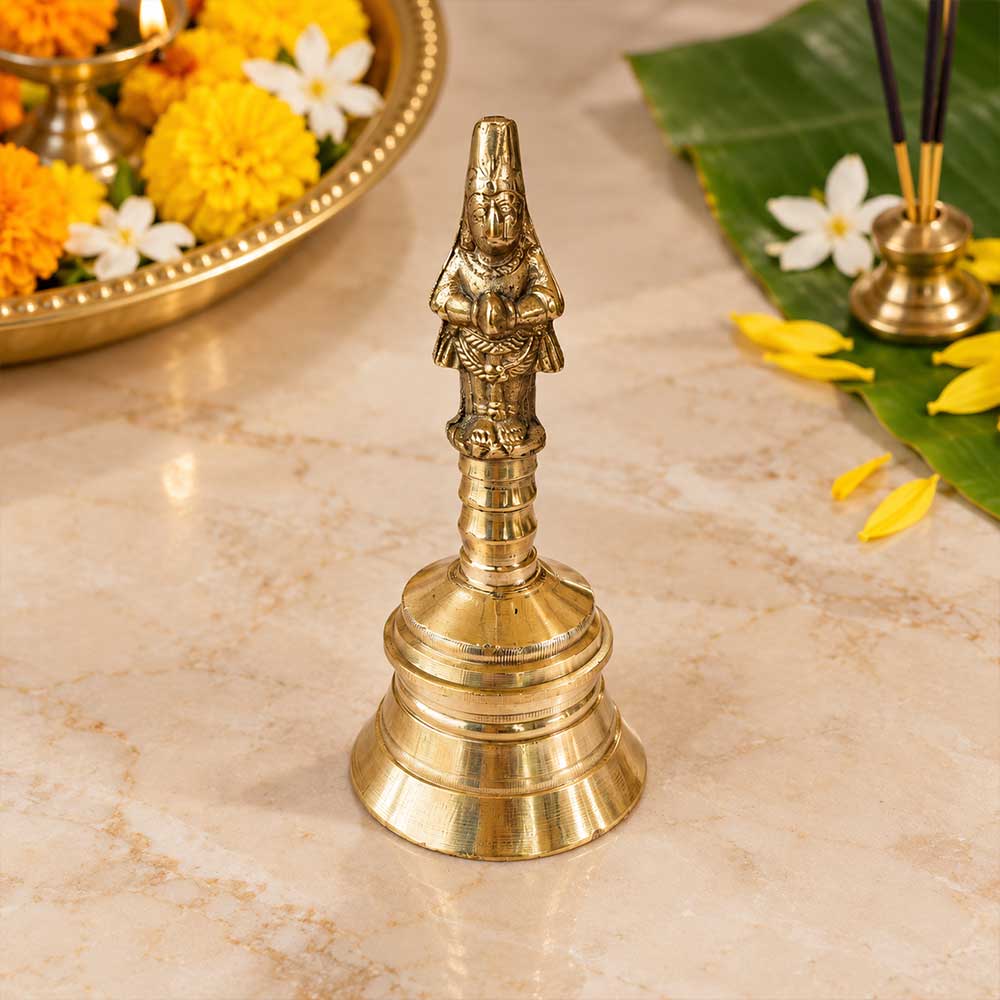 Brass Hanuman hand bell with standing Lord Hanuman idol for pooja, aarti and home Mandir – Bhakti Stores