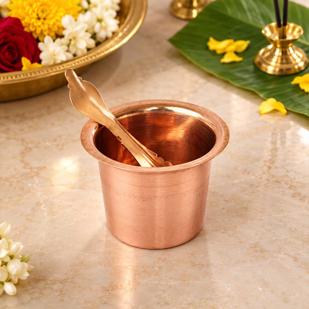 Traditional copper Panchapatra tumbler with Uddharane spoon for Hindu pooja rituals – Bhakti Stores