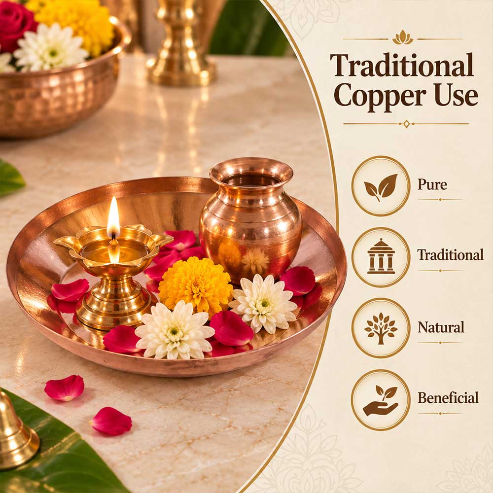 Bhakti Stores Pure Copper Pooja Thali 8 Inch Copper Taman Aarti Plate