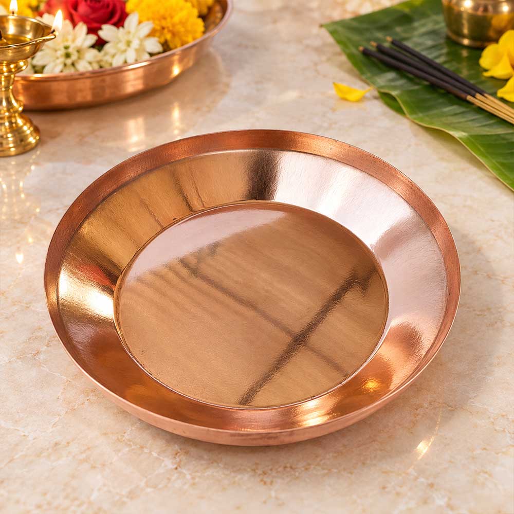 Bhakti Stores Pure Copper Pooja Thali 8 Inch Copper Taman Aarti Plate