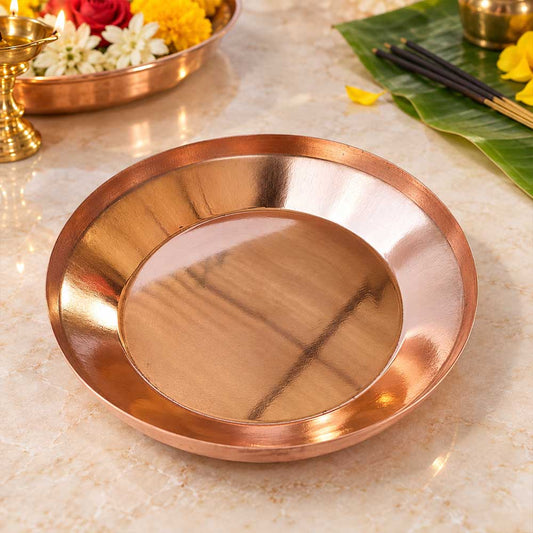 Bhakti Stores Pure Copper Pooja Thali 8 Inch Copper Taman Aarti Plate