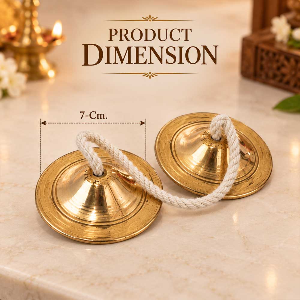 Two small brass cymbals with white rope handles on a marble surface, with overlaid text reading 'PRODUCT DIMENSION' and '7-Cm.' indicating the width of the thala.